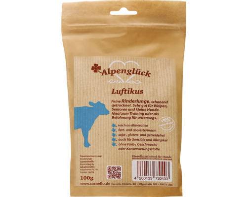 Alpenglück Luftikus Rinderlunge für Hunde in einer 100-Gramm-Packung