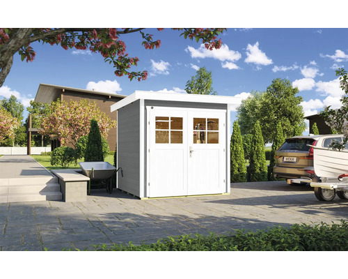 Gartenhaus weka 227 Gr. 1 inkl. Fußboden 229 x 253 cm grau Gartenszene mit Gerätehaus mit Doppeltür und Fenstern