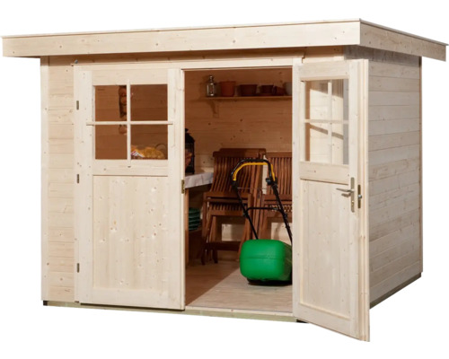 Abri de jardin en bois avec double porte et fenêtres, intérieur avec outils de jardin et meubles