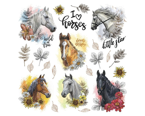 Illustration avec des têtes de chevaux, des fleurs et des feuilles