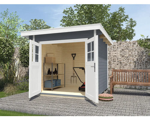 Gartenhaus weka 179 Gr. 2 inkl. Fußboden 280 x 314 cm grau Gartenhaus mit geöffneten Doppeltüren und Gartengeräten