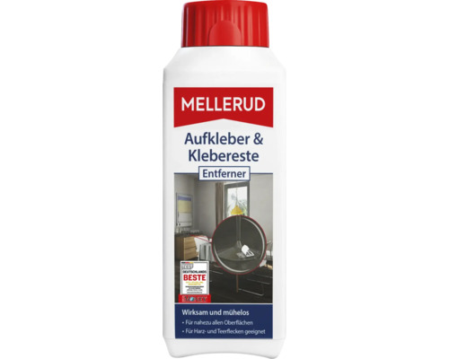 Décapant Mellerud pour autocollants et restes de colle 0,25 l Mellerud dissolvant pour autocollants et résidus de colle dans une bouteille blanche