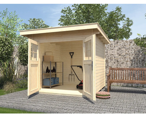 Gartenhaus weka 179 Gr. 3 inkl. Fußboden 354 x 311 cm natur Gartenhaus mit geöffneten Doppeltüren, Regal und Gartengeräten