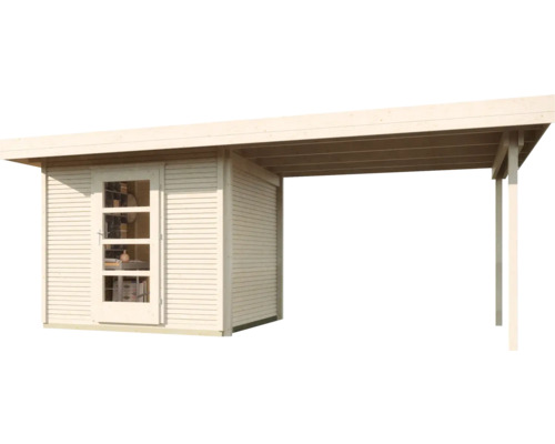 Abri de jardin en bois avec terrasse couverte et porte fenêtrée