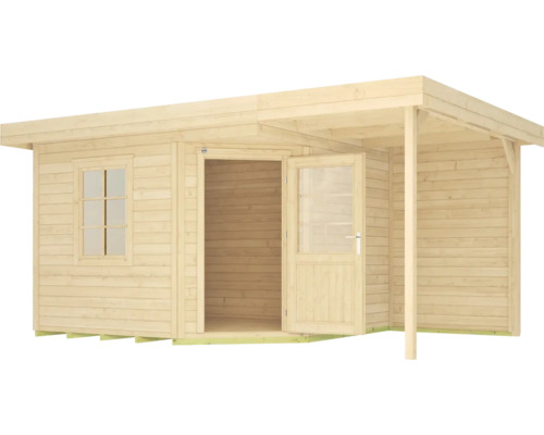 Abri de jardin en bois avec fenêtre et véranda ouverte