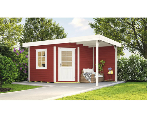 Abri de jardin weka abri design 213 A T. 2 avec plancher, extension de toit avec paroi arrière 445 x 298 cm rouge de falun