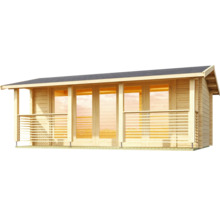 Holzgartenhaus mit Glasfront und überdachter Veranda