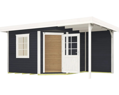 Abri de jardin avec fenêtre et porte ouverte