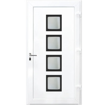 Weisse Haustür mit vier quadratischen Glaseinsätzen