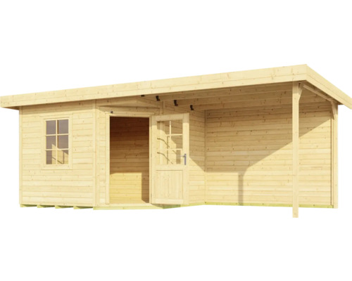 Abri de jardin en bois avec véranda, fenêtre et porte