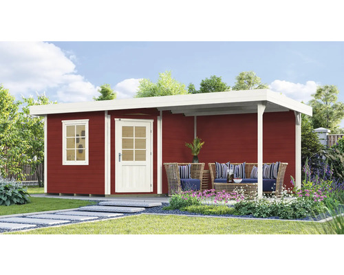 Abri de jardin weka abri design 213 B T. 1 avec plancher, extension de toit avec paroi arrière 586 x 278 cm rouge de falun