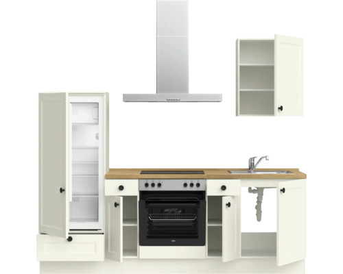 Küchenzeile mit Kühlschrank, Dunstabzugshaube, Herd, Spüle und Hängeschrank