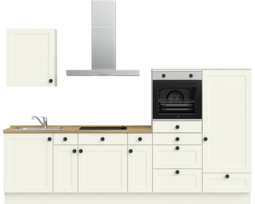 Cuisine équipée avec évier, plaque de cuisson, four, hotte et armoire suspendue