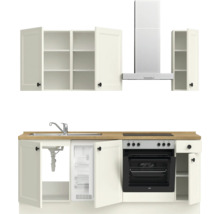 Cuisine équipée avec évier, réfrigérateur, plaque de cuisson, four, hotte aspirante et éléments hauts