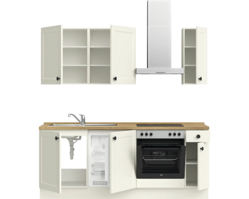 Küchenzeile mit Spüle, Kühlschrank, Kochfeld, Backofen, Dunstabzugshaube und Hängeschränken