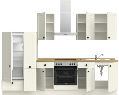 Komplette Küche mit Spüle, Herd, Dunstabzugshaube, Kühlschrank und Hängeschränken
