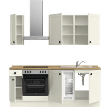 Küchenzeile mit Spüle, Herd, Backofen, Kühlschrank, Dunstabzugshaube und Schränken