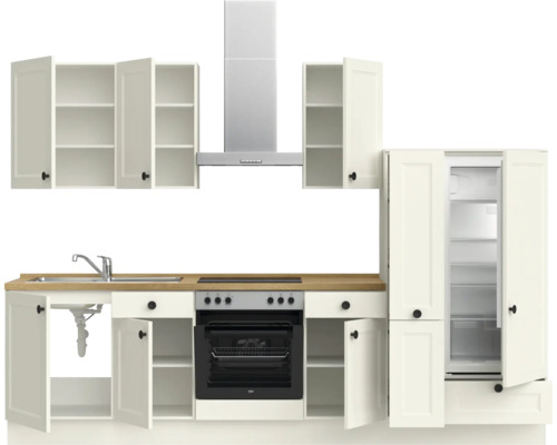 Küchenzeile mit Hängeschränken, Spüle, Herd, Backofen, Dunstabzugshaube und Kühlschrank