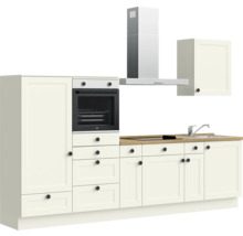 Cuisine équipée avec évier, cuisinière, four, hotte aspirante et armoire suspendue
