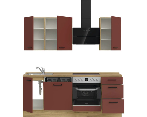 Komplette Küche mit Spüle, Herd, Dunstabzugshaube und Schränken