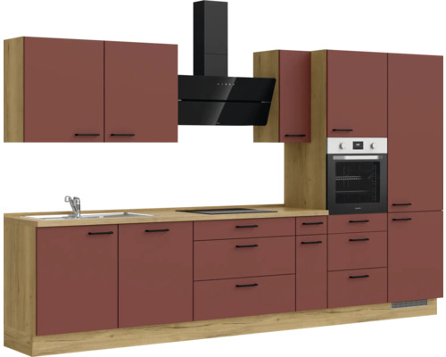 Komplette Küche mit Spüle, Herd, Dunstabzugshaube und Backofen