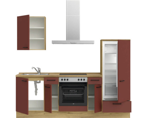 Küchenzeile mit Spüle, Kochfeld, Backofen, Dunstabzugshaube und Kühlschrank