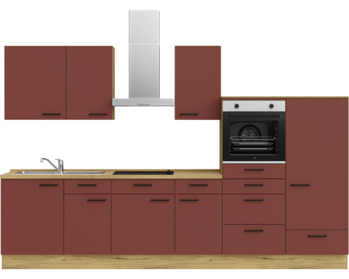 Komplette Küche mit Spüle, Kochfeld, Dunstabzugshaube und Backofen