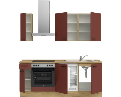 Cuisine complète avec appareils électriques, hotte aspirante, évier, cuisinière, four et réfrigérateur