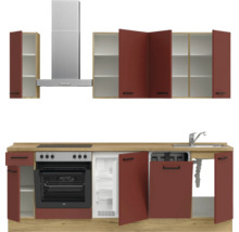 Cuisine complète avec éléments hauts, évier, cuisinière, four, hotte aspirante, réfrigérateur et lave-vaisselle