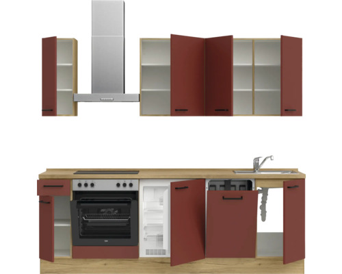 Komplette Küche mit Hängeschränken, Spüle, Herd, Backofen, Dunstabzugshaube, Kühlschrank und Geschirrspüler