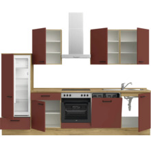 Cuisine complète avec réfrigérateur, cuisinière, évier, hotte aspirante et armoires en aspect bois et finition mate