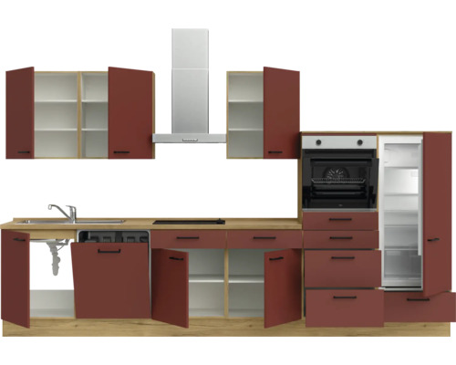 Komplette Küchenzeile mit Spüle, Kochfeld, Dunstabzugshaube, Backofen und Kühlschrank