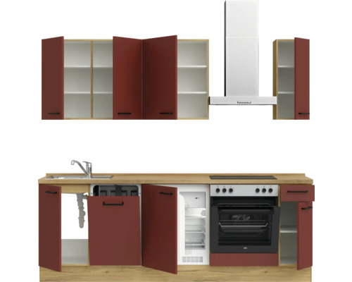 Komplette Küche mit Spüle, Herd, Kühlschrank, Dunstabzugshaube und Schränken