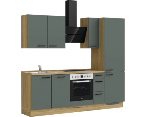 Cuisine complète avec évier, cuisinière, hotte aspirante et armoires au design moderne