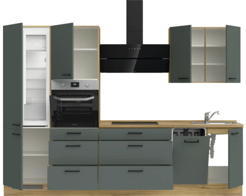 Küchenzeile mit Kühlschrank, Backofen, Dunstabzugshaube, Spüle und Schubladen