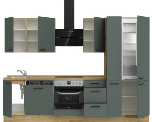 Komplette Küchenzeile mit Hängeschränken, Spüle, Geschirrspüler, Kochfeld, Backofen, Dunstabzugshaube, Schubladen und Kühlschrank