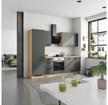 Cuisine moderne avec façades grises, accents de bois clair et coin repas avec table blanche