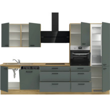 Cuisine équipée avec évier, lave-vaisselle, tiroirs, plaque de cuisson, hotte aspirante, four, réfrigérateur-congélateur et éléments hauts dans un style moderne
