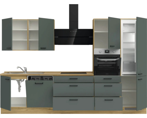 Cuisine équipée avec évier, lave-vaisselle, tiroirs, plaque de cuisson, hotte aspirante, four, réfrigérateur-congélateur et éléments hauts dans un style moderne