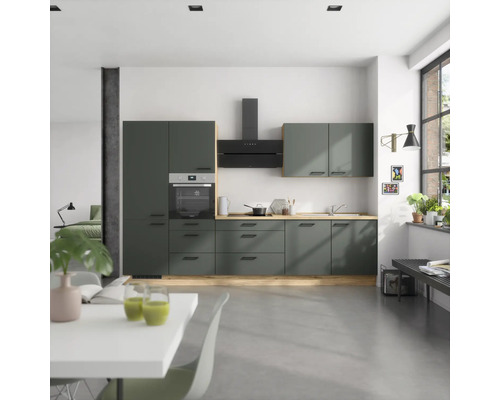 NOBILIA Küchenzeile mit Geräten Urban 330 cm mineralgrün matt montiert Variante links
