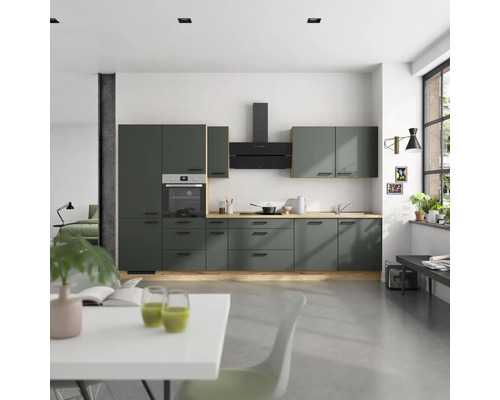 NOBILIA Küchenzeile mit Geräten Urban 360 cm mineralgrün matt montiert Variante links
