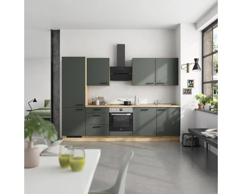 NOBILIA Küchenzeile mit Geräten Urban 300 cm mineralgrün matt montiert Variante links