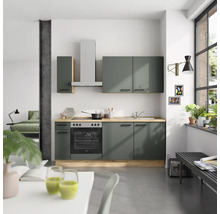 Cuisine intégrée moderne avec façades grises, plan de travail aspect bois et hotte aspirante