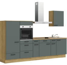 Cuisine équipée avec armoire murale, évier, cuisinière et hotte aspirante