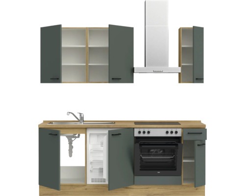 Küchenzeile mit Spüle, Kühlschrank, Herd, Backofen und Dunstabzugshaube