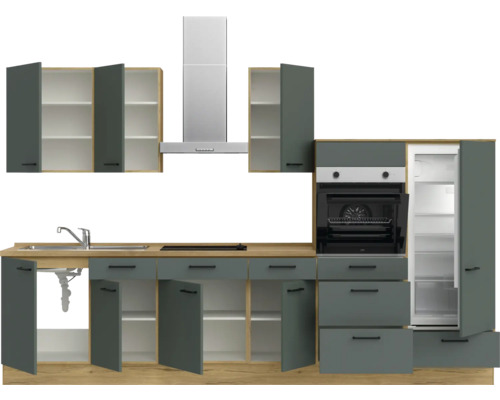 Komplette Küche mit Spüle, Kochfeld, Dunstabzugshaube, Backofen und Kühlschrank