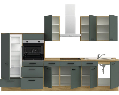 Küchenzeile mit Einbaukühlschrank, Backofen, Dunstabzugshaube, Spüle und Unter- sowie Oberschränken