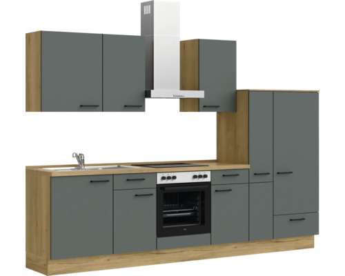 Komplette Küchenzeile mit Spüle, Herd, Dunstabzugshaube und Schränken in modernem Design