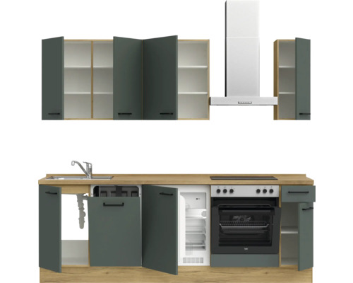 Komplette Küchenzeile mit Spüle, Kühlschrank, Backofen, Kochfeld und Dunstabzugshaube