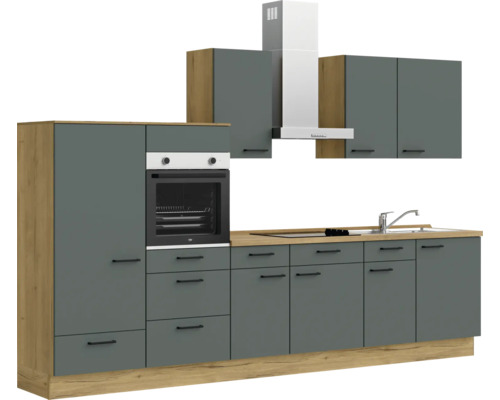 Küchenzeile mit Einbaubackofen, Dunstabzugshaube, Spüle und Unterschränken